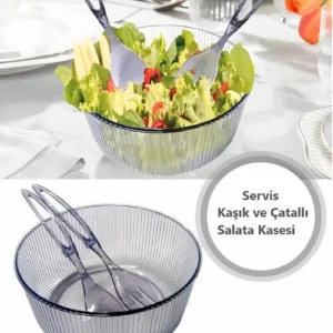 Akrilik, Yuvarlak, Servis Kaşığı ve Çatallı Salata Kasesi Servis Sunum Tabağı 23 cm