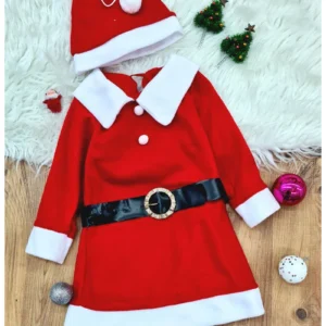 Kız Çocuk Noel Anne Yılbaşı Kostümü Etekli Şapkalı Elbise Yılbaşı Noel Baba Kostümü
