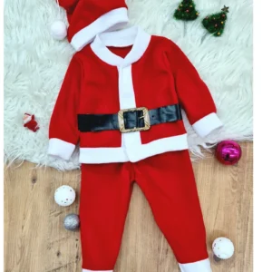 Erkek Çocuk Noel Baba Yılbaşı Kostümü Şapkalı Kemerli Bebek Kostümü