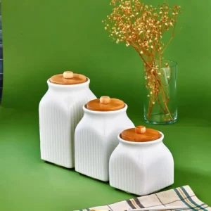 3 Boy Porselen Bambu Kapaklı Çay Kahve Şeker Kavanozu Saklama Kabı