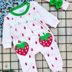 Toz Pembe Kız Bebek Çilek Desenli Saç Bantlı Uyku Tulumu Patiksiz Pamuklu