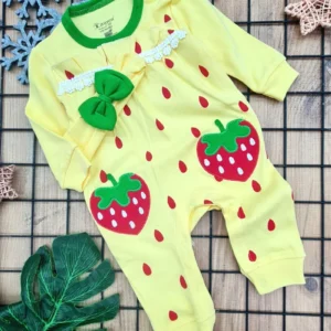 Sarı Kız Bebek Çilek Desenli Saç Bantlı Uyku Tulumu Patiksiz Pamuklu