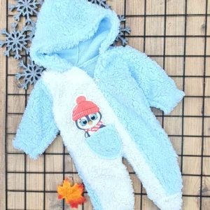 Mavi Peluş Erkek Bebek Yeni Doğan Kışlık Uyku Tulumu Kapişonlu