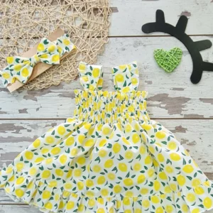 Limon Baskılı Yazlık Sarı Kız Çocuk Asklılı Kolsuz Elbise Royaleks