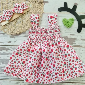 Çilek Baskılı Yazlık Kırmızı Kız Çocuk Asklılı Kolsuz Elbise Royaleks