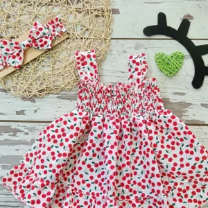 Kiraz Baskılı Yazlık Kırmızı Kız Çocuk Asklılı Kolsuz Elbise Royaleks