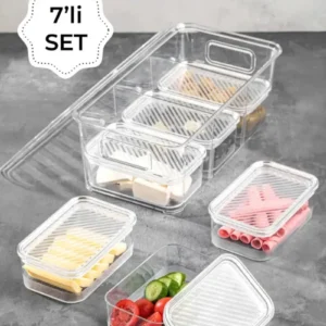 7 Bölmeli Akrilik Vakumlu Kapaklı Kutulu Saklama Kabı Seti Kahvaltılık Şeffaf Royaleks-FR-158