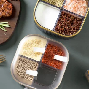 4 Bölmeli Gold Detaylı Açılır Kapanır Kapaklı Kaşıklı Baharatlık Saklama Kabı Düzenleyici Royaleks-LV-295