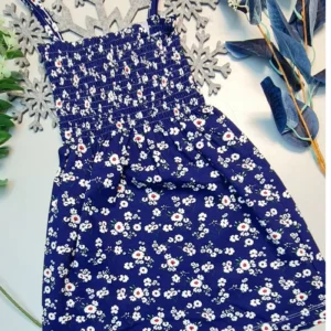 Yazlık İp Askılı Kız Çocuk Elbise Lacivert Papatya Desenli