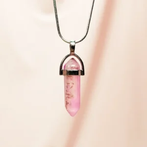 Pembe Kuvars Doğal Taşı Zincirli El Yapımı Tasarımlı Kolye Uç: 3,5 cm Zincir: 20 cm Kutulu