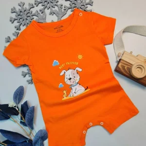 Bebek Yazlık Kısa Kol Şort Tek Parça Çıtçıtlı Tulum Zıbın 0 Pamuk Turuncu Köpekli