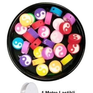 30 Adet 10 mm Polimer Kil Fimo Boncuk Takı Bileklik + 1 Metre Lastikli Misina Hediye - Renkli Yin Yang