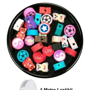 30 Adet 10 mm Polimer Kil Fimo Boncuk Takı Bileklik + 1 Metre Lastikli Misina Hediye - Karışık Renkli