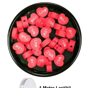 30 Adet 10 mm Polimer Kil Fimo Boncuk Takı Bileklik + 1 Metre Lastikli Misina Hediye - Kalp Love