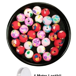 30 Adet 10 mm Polimer Kil Fimo Boncuk Takı Bileklik + 1 Metre Lastikli Misina Hediye - Desenli Yuvarlak