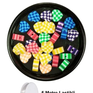 90 Adet 10 mm Polimer Kil Fimo Boncuk Takı Bileklik + 5 Metre Lastikli Misina Hediye - Desenli Kalp