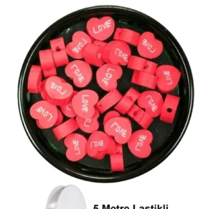 90 Adet 10 mm Polimer Kil Fimo Boncuk Takı Bileklik + 5 Metre Lastikli Misina Hediye - Kalp Love
