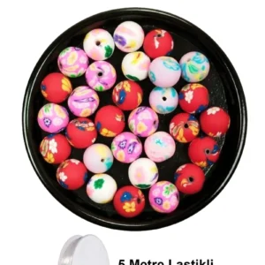 90 Adet 10 mm Polimer Kil Fimo Boncuk Takı Bileklik + 5 Metre Lastikli Misina Hediye - Desenli Yuvarlak