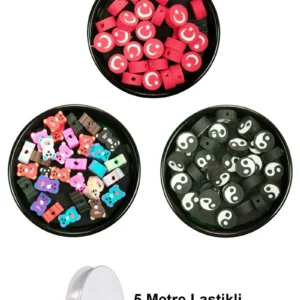 90 Adet 10 mm Polimer Kil Fimo Boncuk Takı Bileklik + 5 Metre Misina Hediye - Ayıcık - Bayrak - Yin Yang