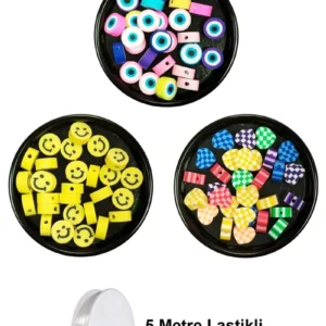 90 Adet 10 mm Polimer Kil Fimo Boncuk Takı Bileklik + 5 Metre Misina Hediye - Smile - Kalp - Nazar