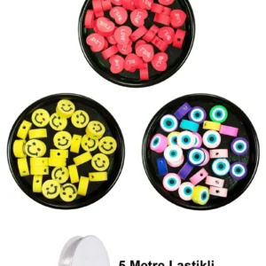 90 Adet 10 mm Polimer Kil Fimo Boncuk Takı Bileklik + 5 Metre Misina Hediye - Smile - Nazar - Love