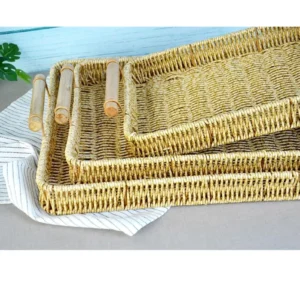 3 lü Rattan Tepsi Dekoratif Tepsi Hasır Örme Tepsi Dikdörtgen Royaleks-Alg11330