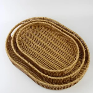 3 lü Rattan Tepsi Dekoratif Tepsi Hasır Örme Tepsi Oval Krem Royaleks-Alg11331