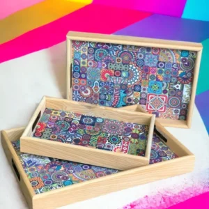 Mandala Ahşap 3 lü Servis Sunum Tepsisi Çay Kahve Sunum Tepsi Çay Tepsisi Royaleks-RYLHD0265