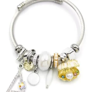 Çelik Charmlı İncili Deniz Kabuğu Bilezik - Beyaz