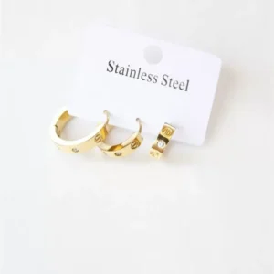 3'lü Taşlı Çelik Halka Küpe - Altın