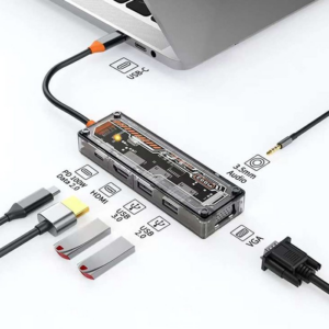 ALLY 6in1 Type-c To USB3.0 + USB2.0 + Type-c PD 100W + HDMI + VGA + 3.5mm Çoğaltıc Transparanı Hub-(5775)