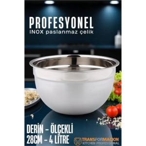 HSNET Inox Ölçekli Derin Kase - 28 Cm 4 Litre Karıştırma Kabı Profesyonel 304 Paslanmaz Çelik