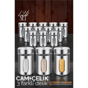 HSNET Cam+Çelik Tuzluk Biberlik Karabiberlik 3 Farklı Delikli 12 li SET