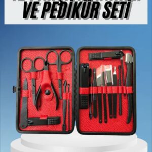 Deri Çantalı Siyah Paslanmaz Çelik 17 Parça Manikür Pedikür Seti