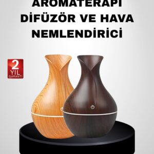 Aromaterapi Difüzör Ahşap Desenli ve Ultrasonik Nemlendirici LED Işıklı