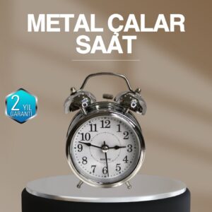 Dekoratif Yuvarlak Gümüş Sessiz Işıklı Masa Üstü Çalar Saat Alarmlı ve Şık Tasarım
