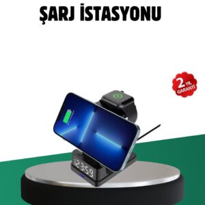 Kablosuz Şarjlı Dijital Masa Saati – 3 Parlaklık Seviyeli LED Hızlı Şarj Apple Uyumlu