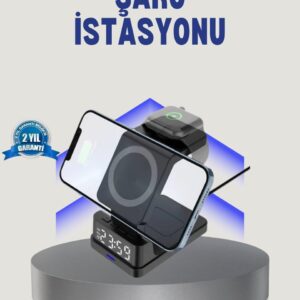 Kablosuz Şarj Cihazı ve Dijital Saat – 4’ü 1 Arada Hızlı Şarj Apple Uyumlu LED Işıklı Tasarım