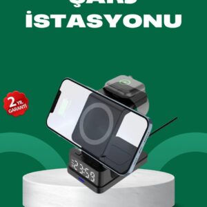 Dijital Saatli Kablosuz Şarj İstasyonu – 3’ü 1 Arada Apple Uyumlu Hızlı Şarj ve LED Ekran
