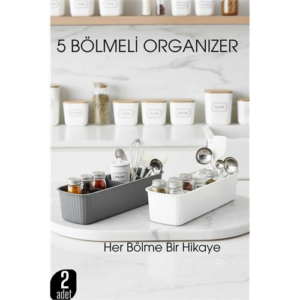 5 Bölmeli Mutfak Organizer Kutusu Gri & Beyaz 2’li Set Baharat ve Gereç Düzenleyici