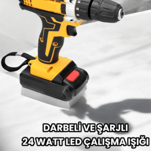 Metal Dişli 24W Akülü Matkap -Çift Bataryalı ve LED Çalışma Işığı ile Tam Set