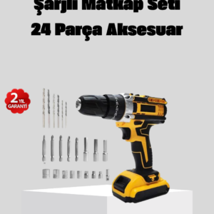 24 Parça Çift Bataryalı Akülü Darbeli Matkap – Güçlü Motor Metal Dişli LED Işıklı