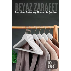 10'lu Lüks Beyaz Elbise Ceket Askısı - Ergonomik & Kaymaz Plastik Askı Seti - Ahşap Görünümlü