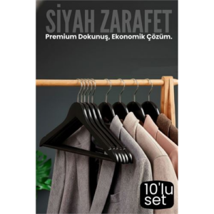 10'lu Lüks Siyah Elbise Ceket Askısı - Ergonomik & Kaymaz Plastik Askı Seti - Ahşap Görünümlü