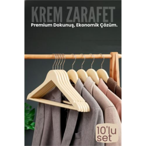 10'lu Lüks Krem Elbise Ceket Askısı - Ergonomik & Kaymaz Plastik Askı Seti - Ahşap Görünümlü