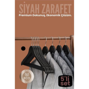 5'li Lüks Siyah Elbise Ceket Askısı - Ergonomik & Kaymaz Plastik Askı Seti - Ahşap Görünümlü