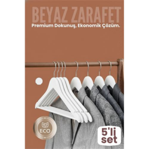 5'li Lüks Beyaz Elbise Ceket Askısı - Ergonomik & Kaymaz Plastik Askı Seti - Ahşap Görünümlü