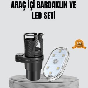 360° Döner Çiftli Bardak Tutucu ve Kablosuz Ambiyans LED Işık Araç Seti