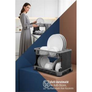 2 Katlı Rattan Dokulu Lüks Bulaşıklık - Kirli Beyaz & Siyah Modern Düzenleyici
