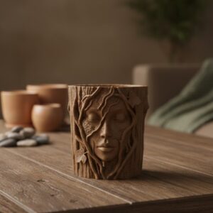 Doğa Temalı Yüz Detaylı Dekoratif Vazo 3D Ağaç Desenli Şık Saksı